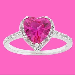 Pink Sapphire Heart White Sapphire Rhodium over Sterling Silver Ring